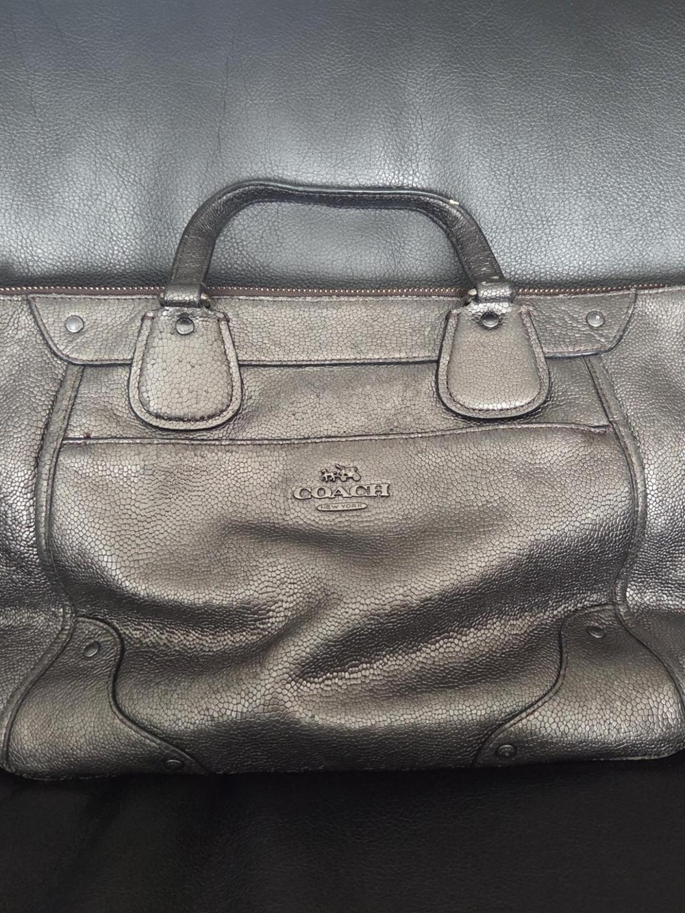 Coach Metallic Pebbled Leather Satchel - Gray Interior